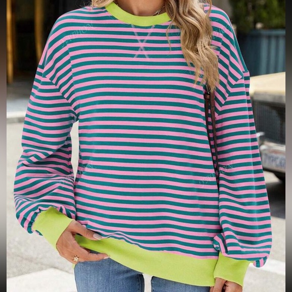 Casual Striped Round Neck Sweatshirt Long Sleeve Loose T-Shirt XL - Picture 5 of 7